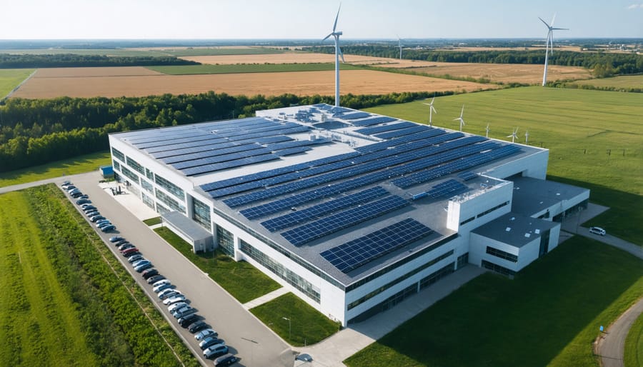 Modern commercial building equipped with complete off-grid renewable energy system