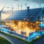 Conceptual illustration showcasing the interconnected components of an off-grid renewable energy system, including solar panels, wind turbines, batteries, and control systems, over a modern building.