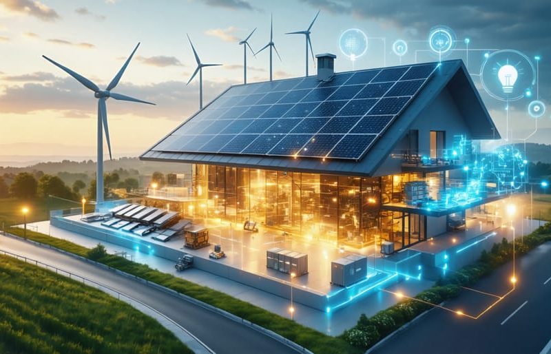 Conceptual illustration showcasing the interconnected components of an off-grid renewable energy system, including solar panels, wind turbines, batteries, and control systems, over a modern building.