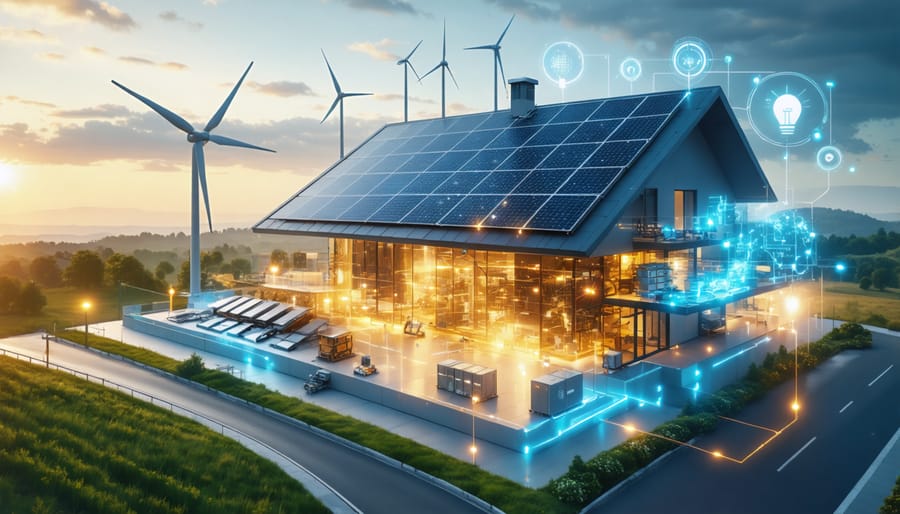 Conceptual illustration showcasing the interconnected components of an off-grid renewable energy system, including solar panels, wind turbines, batteries, and control systems, over a modern building.