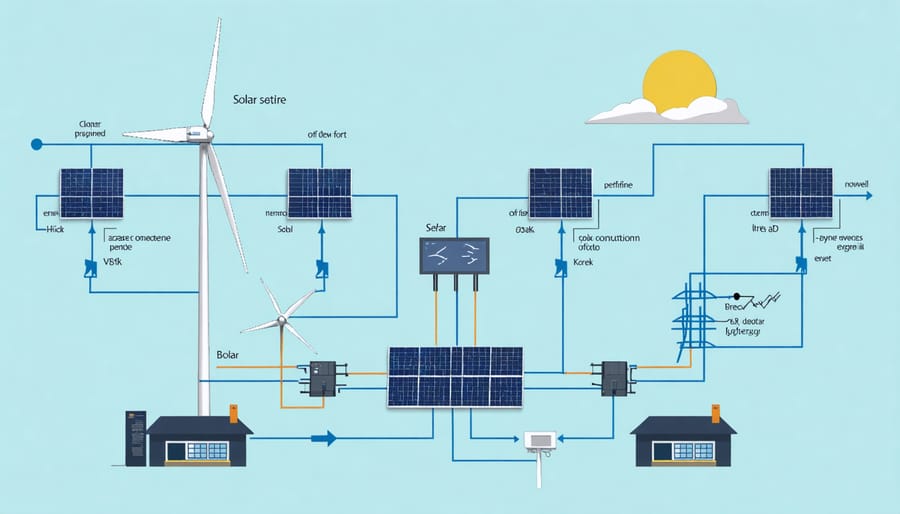 Technical diagram illustrating the main components and connections in an off-grid renewable energy system