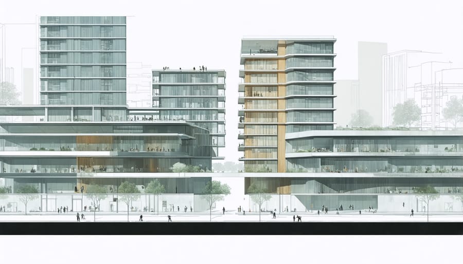 Architectural visualization demonstrating the integration of public and private spaces in a modern urban development project