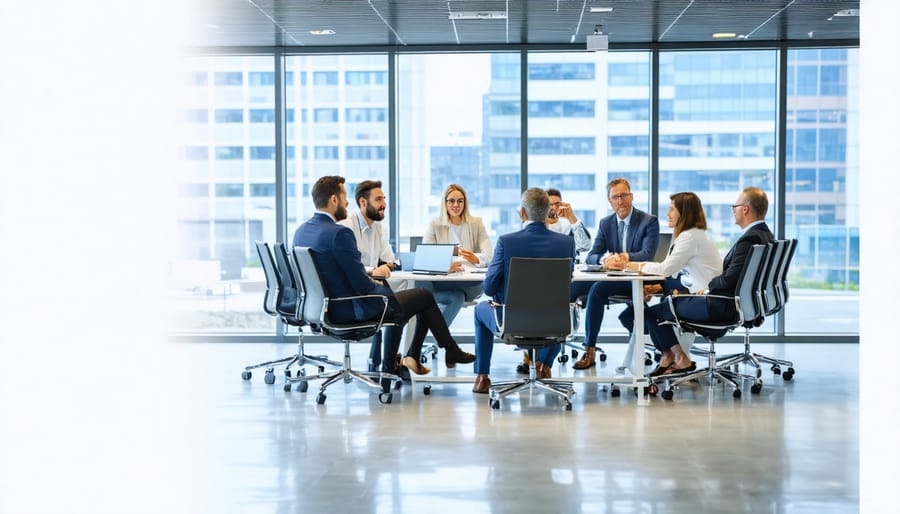 Diverse group of professionals collaborating on a PPP real estate project in a modern office setting