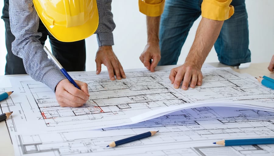 Construction professionals analyzing procurement documents and blueprints around a conference table