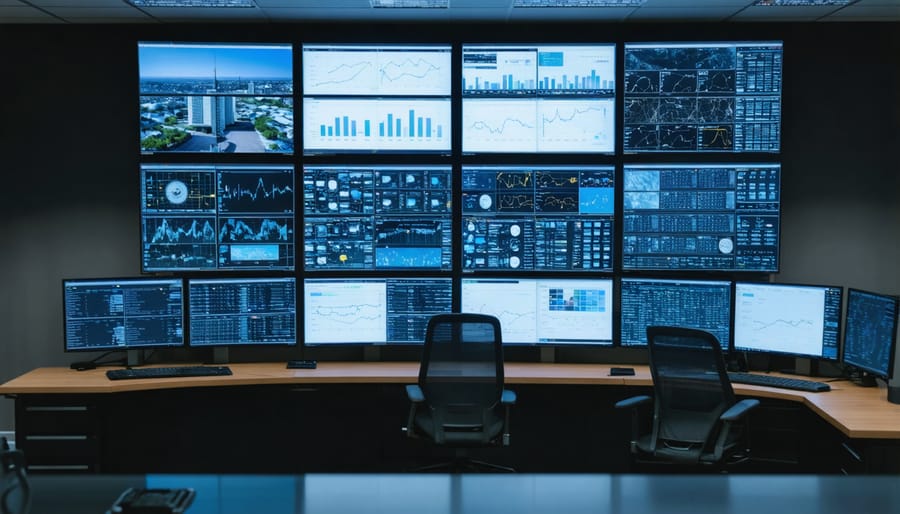 Professional monitoring property management security systems in control room