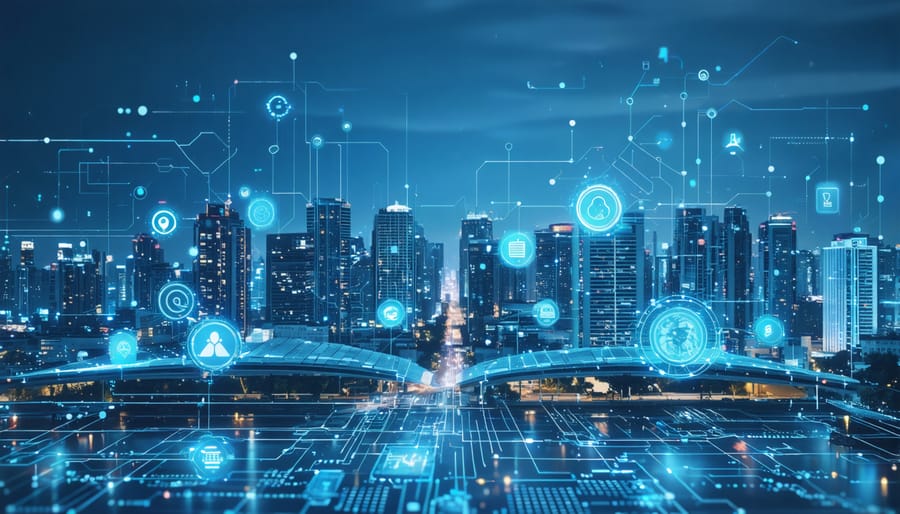 Futuristic city skyline integrated with digital elements and symbols representing AI, blockchain, and IoT, illustrating the digital transformation of the real estate and construction sectors.