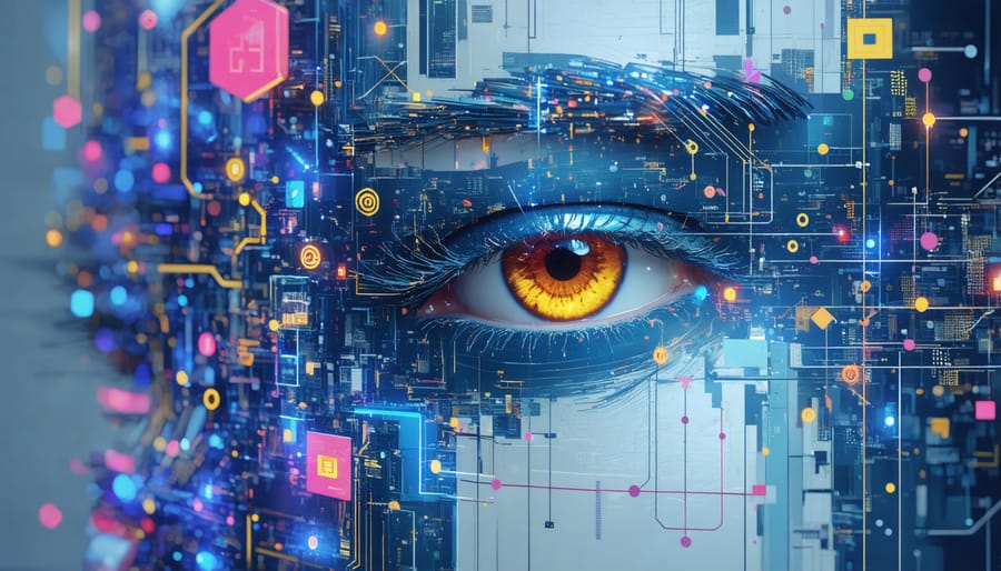 Artistic representation of emerging technologies in PropTech including AI and blockchain
