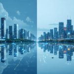 Conceptual image showing a divided cityscape representing the collaboration between public governance and private innovation in urban real estate development, featuring modern buildings, transit systems, and green spaces.