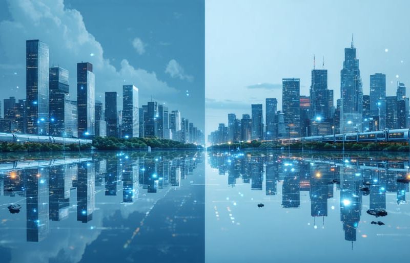 Conceptual image showing a divided cityscape representing the collaboration between public governance and private innovation in urban real estate development, featuring modern buildings, transit systems, and green spaces.