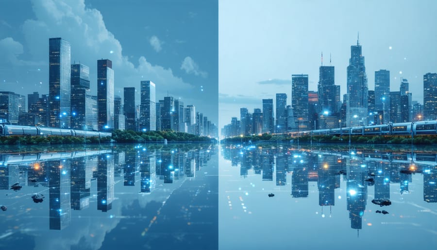 Conceptual image showing a divided cityscape representing the collaboration between public governance and private innovation in urban real estate development, featuring modern buildings, transit systems, and green spaces.