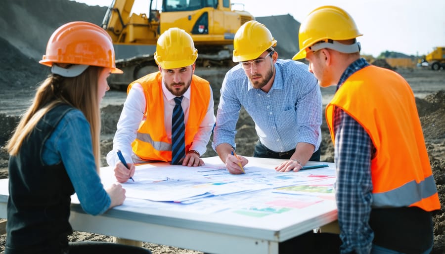 Group of construction professionals reviewing plans and discussing potential risks at a project site
