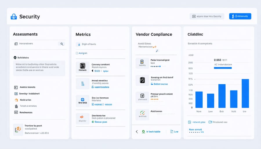 Digital dashboard displaying vendor security assessment frameworks and monitoring tools