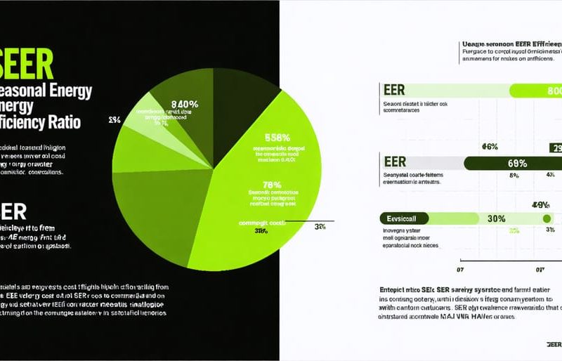 Infographic depicting the comparison between SEER and EER ratings, with visual scales, efficiency indicators, and a graph of cost savings from high-efficiency HVAC systems.
