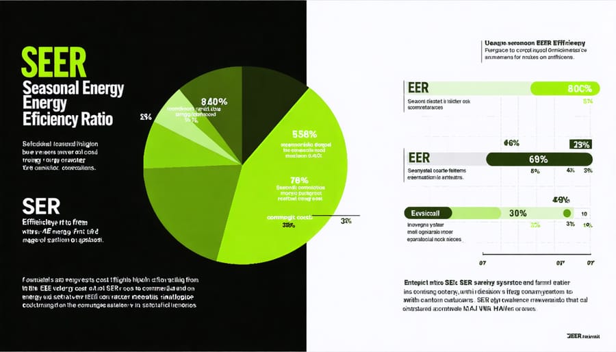 Infographic depicting the comparison between SEER and EER ratings, with visual scales, efficiency indicators, and a graph of cost savings from high-efficiency HVAC systems.