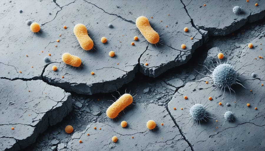 Microscopic view of bacterial concrete healing process sealing a structural crack