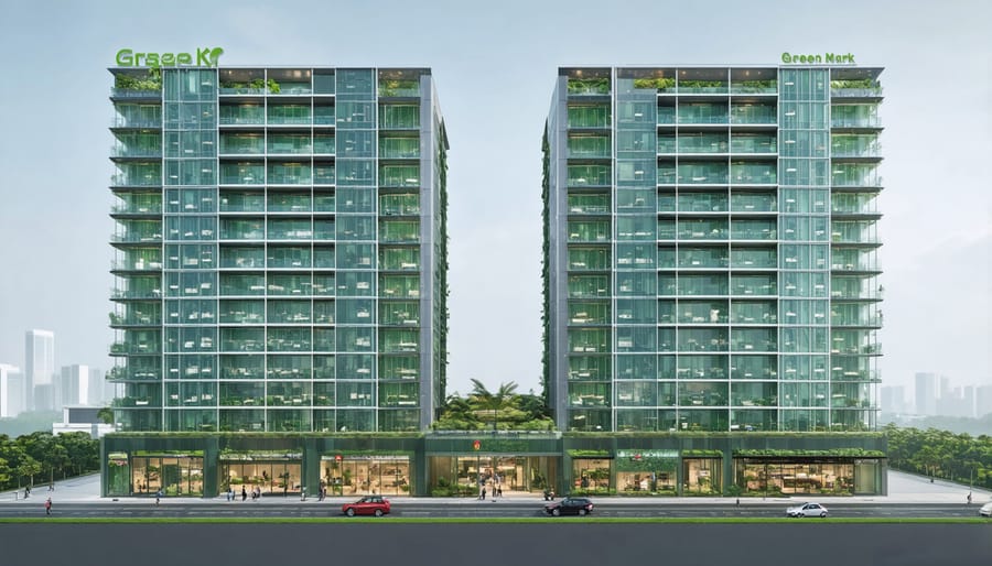 Modern sustainable building in Singapore with visible green technology features