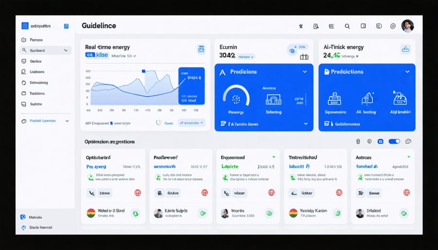 Modern building management dashboard displaying energy usage analytics and AI insights
