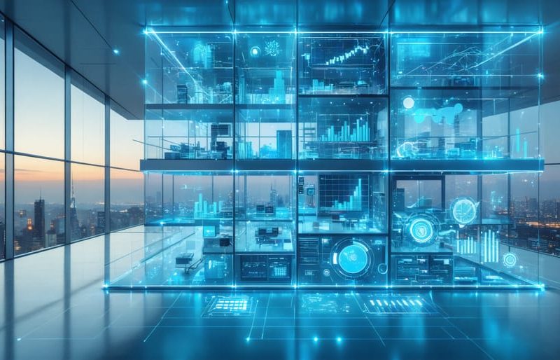 A conceptual image of a smart building with visible HVAC systems, showcasing technological integration and energy-efficient operation, surrounded by a city skyline.