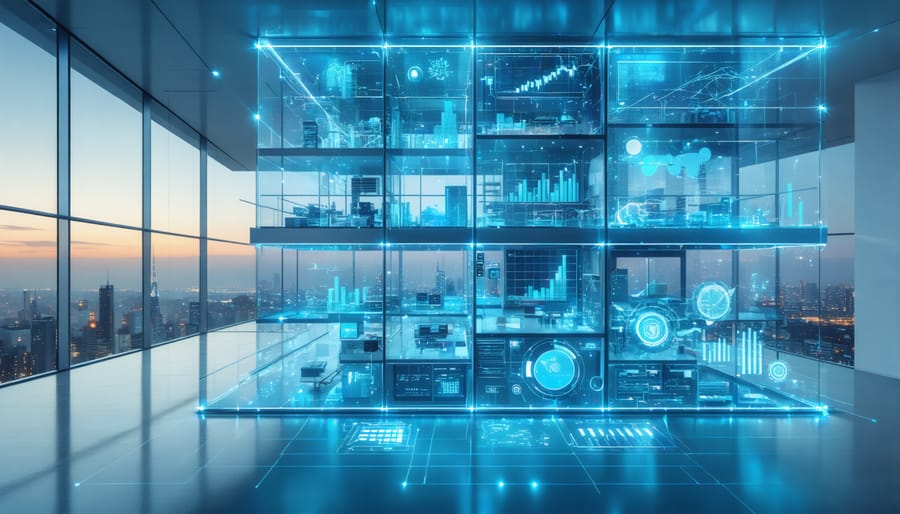 A conceptual image of a smart building with visible HVAC systems, showcasing technological integration and energy-efficient operation, surrounded by a city skyline.