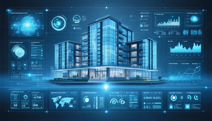 Digital interface of a smart building management system displaying various control metrics