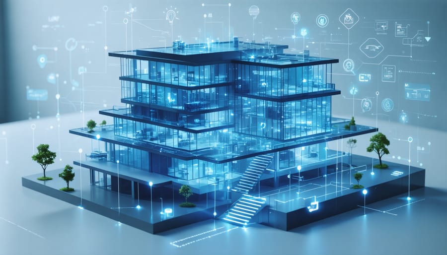 Interactive 3D rendering of smart building systems with IoT sensor network and energy flow indicators