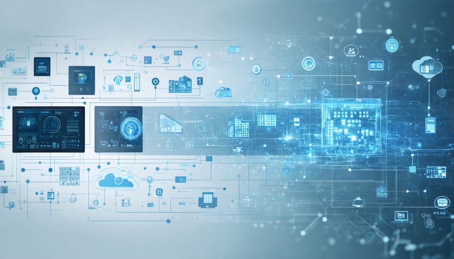 Digital collage depicting the evolution of building systems from traditional analog panels to modern smart interfaces, illustrating the integration of HVAC, lighting, and security through advanced technologies like IoT, AI, and cloud computing.
