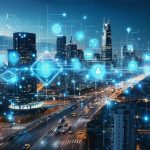 Futuristic cityscape highlighting smart city technologies like IoT sensors, AI systems, and autonomous vehicles, illustrating the digital evolution of urban infrastructure.