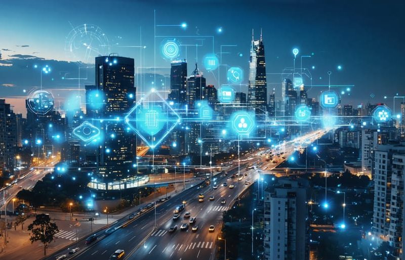 Futuristic cityscape highlighting smart city technologies like IoT sensors, AI systems, and autonomous vehicles, illustrating the digital evolution of urban infrastructure.