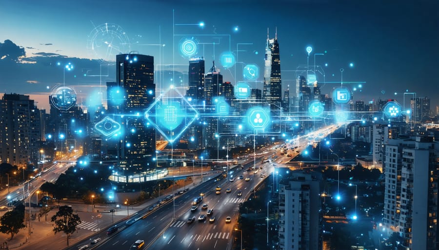 Futuristic cityscape highlighting smart city technologies like IoT sensors, AI systems, and autonomous vehicles, illustrating the digital evolution of urban infrastructure.