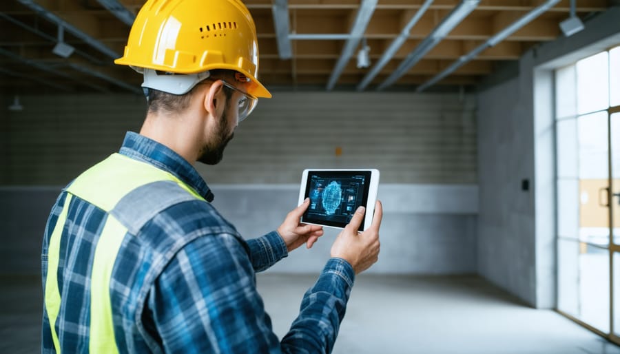 Construction professional wearing AR headset while installing smart building components