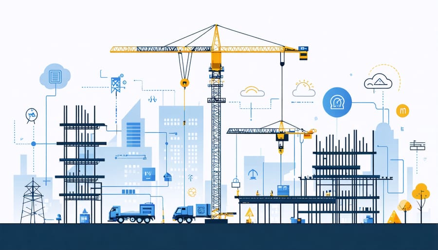 Construction site with visible IoT sensors embedded in materials and structures with data visualization overlay