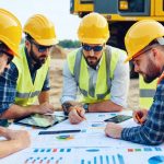 Group of diverse construction professionals analyzing risk assessment plans and tools at a site, emphasizing teamwork and technology in construction risk management.