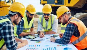 Group of diverse construction professionals analyzing risk assessment plans and tools at a site, emphasizing teamwork and technology in construction risk management.