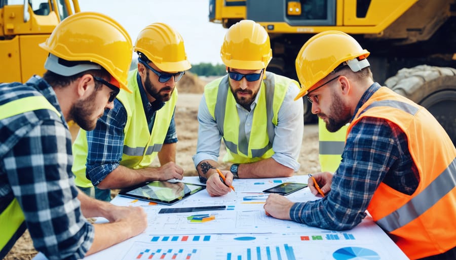 Group of diverse construction professionals analyzing risk assessment plans and tools at a site, emphasizing teamwork and technology in construction risk management.