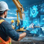 A safety officer in a hard hat using a digital monitoring system at a construction site, surrounded by scaffolding and workers in proper PPE, depicting EHS compliance and safety integration with technology.