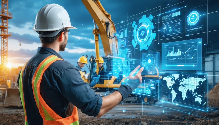 A safety officer in a hard hat using a digital monitoring system at a construction site, surrounded by scaffolding and workers in proper PPE, depicting EHS compliance and safety integration with technology.