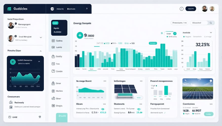 Digital interface displaying energy metrics, consumption patterns, and system performance data