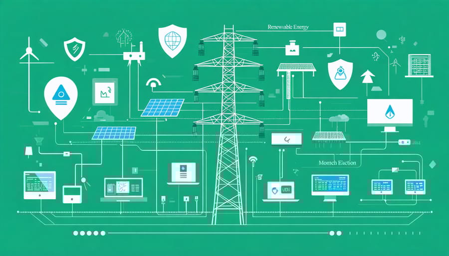 Complex illustration of modern smart grid architecture with multiple components and security layers