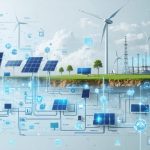 A conceptual representation of a smart grid system integrating solar panels, wind turbines, hydroelectric facilities, and geothermal installations, illustrating interconnected digital grid pathways.