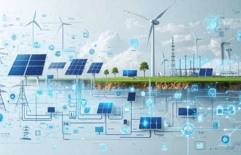 A conceptual representation of a smart grid system integrating solar panels, wind turbines, hydroelectric facilities, and geothermal installations, illustrating interconnected digital grid pathways.