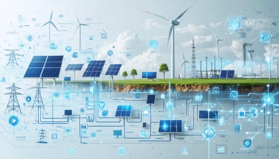A conceptual representation of a smart grid system integrating solar panels, wind turbines, hydroelectric facilities, and geothermal installations, illustrating interconnected digital grid pathways.