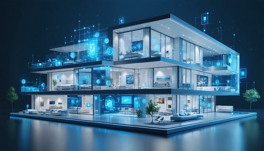 Conceptual illustration of a modern smart home with advanced thermal energy management systems, highlighting thermal energy flows and IoT connectivity between systems.