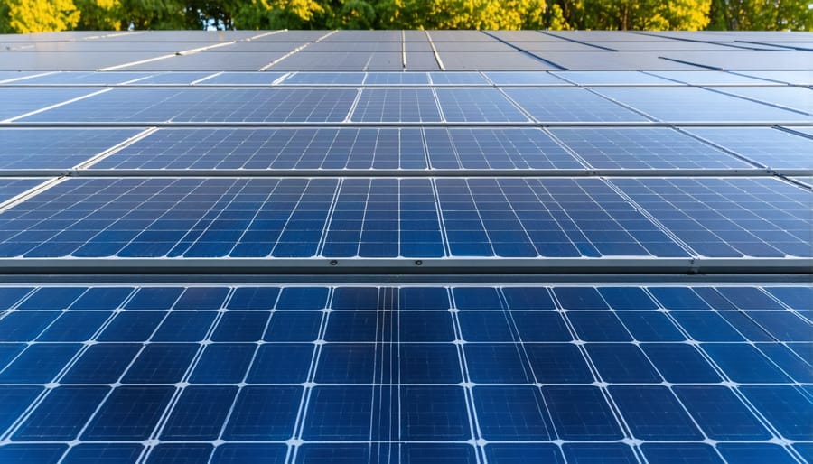 Solar panel installation with visible smart grid connections and battery storage facility