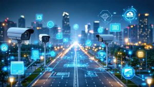 A futuristic city skyline depicting interconnected CCTV cameras, IoT sensors, and 5G towers symbolizing the integration of advanced technology in modern urban security systems.