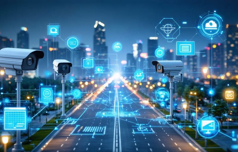 A futuristic city skyline depicting interconnected CCTV cameras, IoT sensors, and 5G towers symbolizing the integration of advanced technology in modern urban security systems.