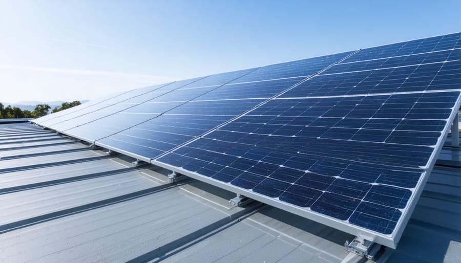 Aerial view of rooftop solar panels integrated into a commercial zero energy building