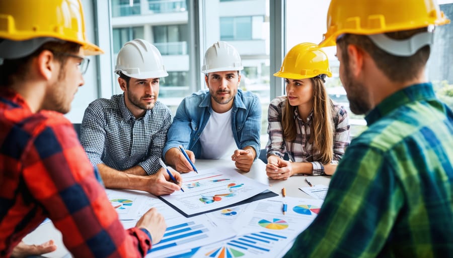 Group of diverse construction professionals analyzing survey feedback on digital screens