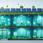 An eco-friendly office building with solar panels and green wall, surrounded by icons representing Life Cycle Assessment phases for reducing environmental impact.