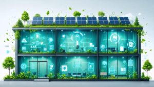 An eco-friendly office building with solar panels and green wall, surrounded by icons representing Life Cycle Assessment phases for reducing environmental impact.