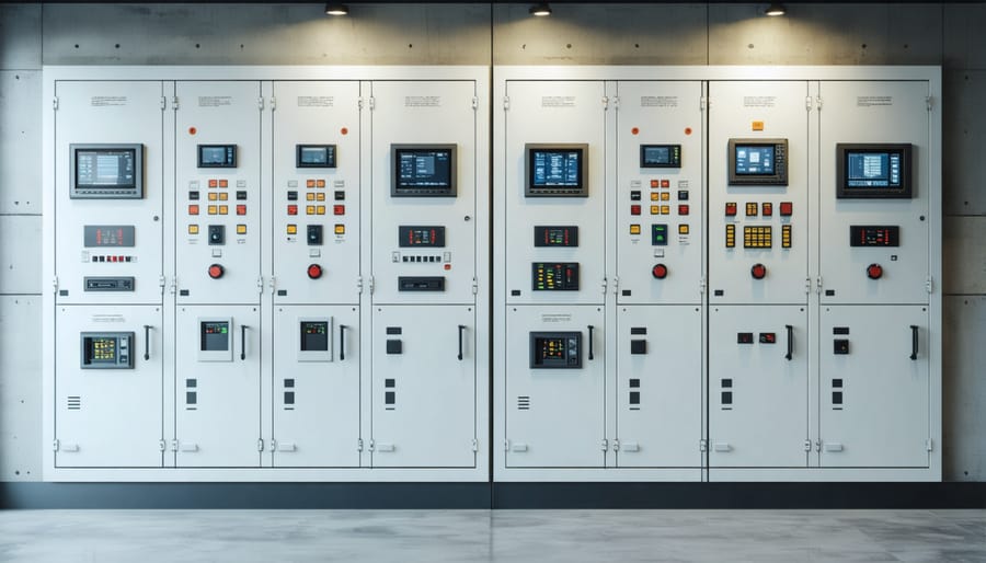 Split screen showing traditional analog control panel and modern digital building management interface